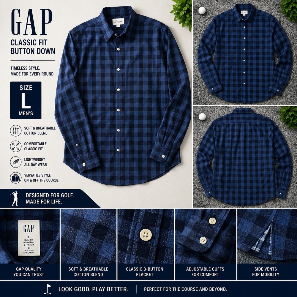 GAP Slim Fit Non-Iron Stretch Cotton Blend Blue/Black Check Shirt Men's L
